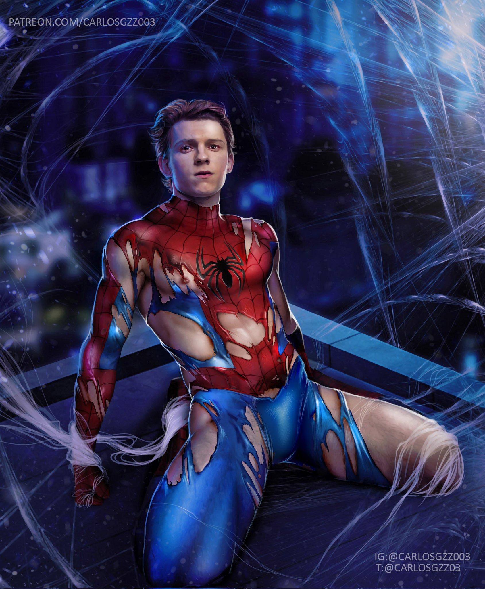 1boy, actor, bodysuit, bulge, carlos gzz, celebrity, human, human only, in character, light skin, light-skinned male, looking at viewer, male, male only, marvel, marvel cinematic universe, marvel comics, muscular, muscular male, on knees, peter parker, ripped clothing, solo, solo male, spider-man, spider-man (series), spider-man (tom holland), spread legs, tom holland, torn bodysuit