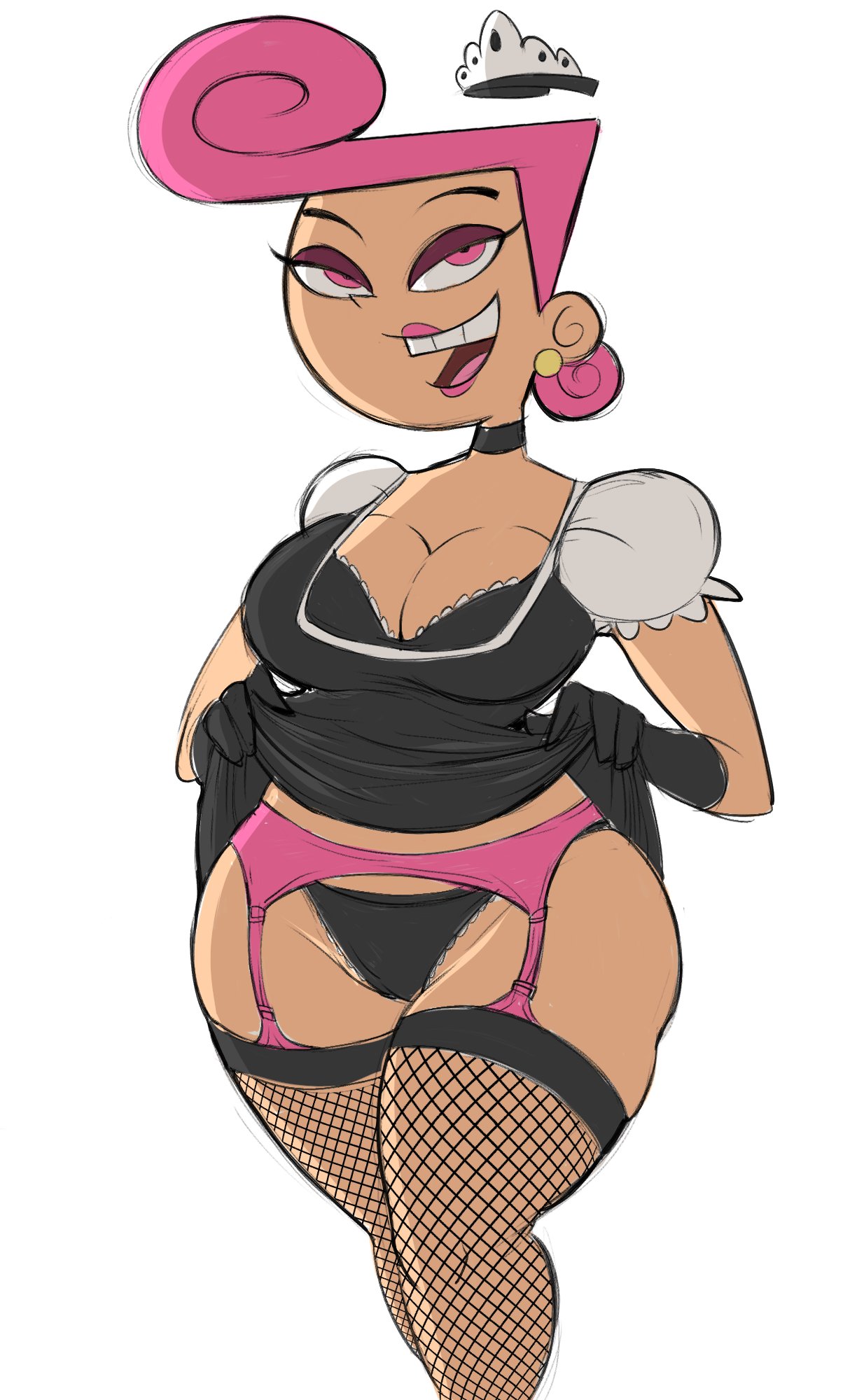 big breasts, breasts, curly hair, earrings, eyeshadow, fairy, female, female only, fishnet legwear, fishnet stockings, garter straps, large breasts, lifting skirt, lipstick, looking at viewer, maid, maid apron, maid headdress, maid outfit, maid uniform, nickelodeon, panties, pink eyes, pink hair, seductive, straight hair, teenagebratwurst, the fairly oddparents, thick thighs, wanda, wanda fairywinkle-cosma, wide hips