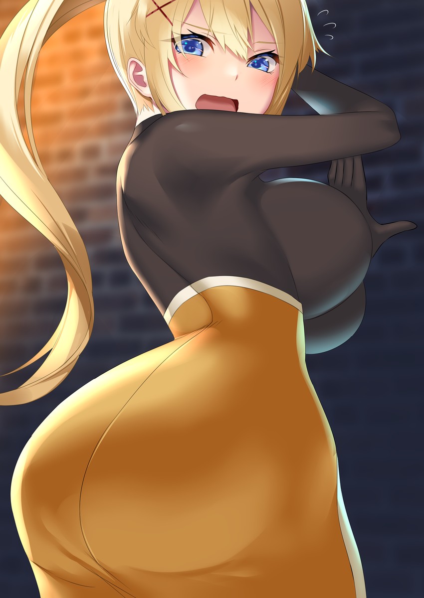 1girls, ass, bangs, big breasts, black bodysuit, blonde hair, blue eyes, blush, bodysuit, breasts, brick wall, darkness (konosuba), female, from behind, hair between eyes, hair ornament, hand on wall, high ponytail, high-waist skirt, highres, kakaon, kono subarashii sekai ni shukufuku wo!, large breasts, long hair, open mouth, ponytail, sideboob, skirt, solo, x hair ornament, yellow skirt
