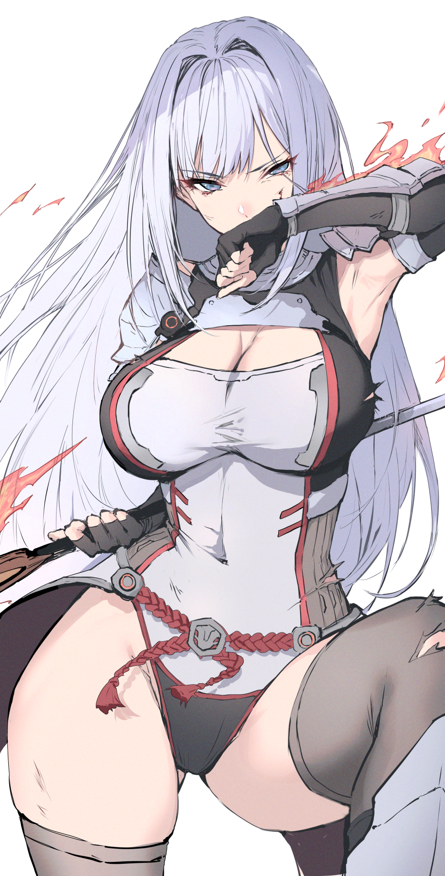 alternate_costume armor armpits blue_eyes breasts cleavage elbow_gloves ethel_(xenoblade) fingerless_gloves fire gloves haoni highres hips holding_weapon large_breasts leotard long_hair nintendo silver_hair spear thick_thighs thighhighs thighs torn_clothes very_long_hair voluptuous weapon wide_hips xenoblade_(series) xenoblade_chronicles_3