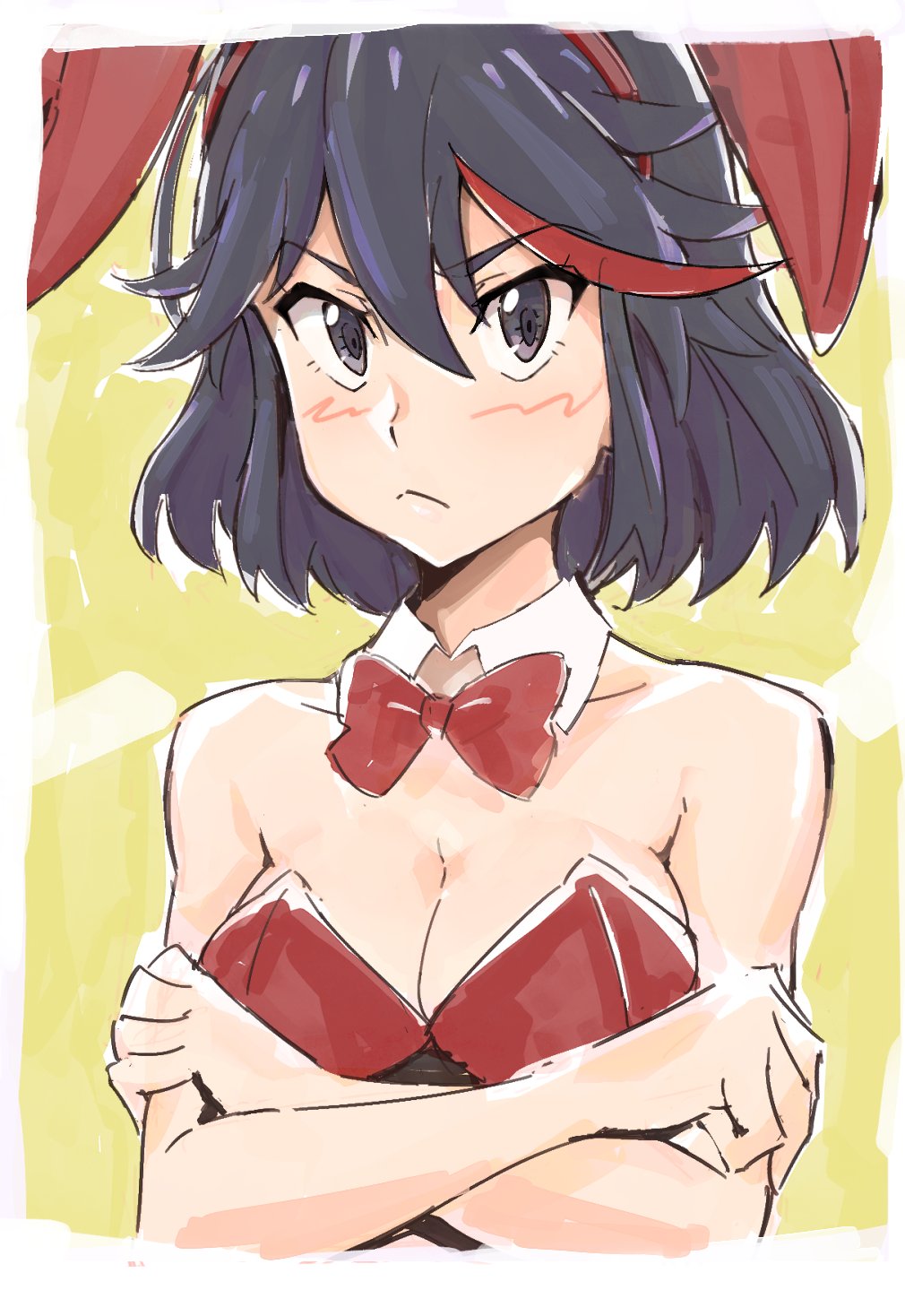 1girls, black hair, black-haired female, blush, bunny ears, bunnysuit, cleavage, embarrassed, female, female only, kill la kill, light skin, light-skinned female, matoi ryuuko, mirri (artist), studio trigger
