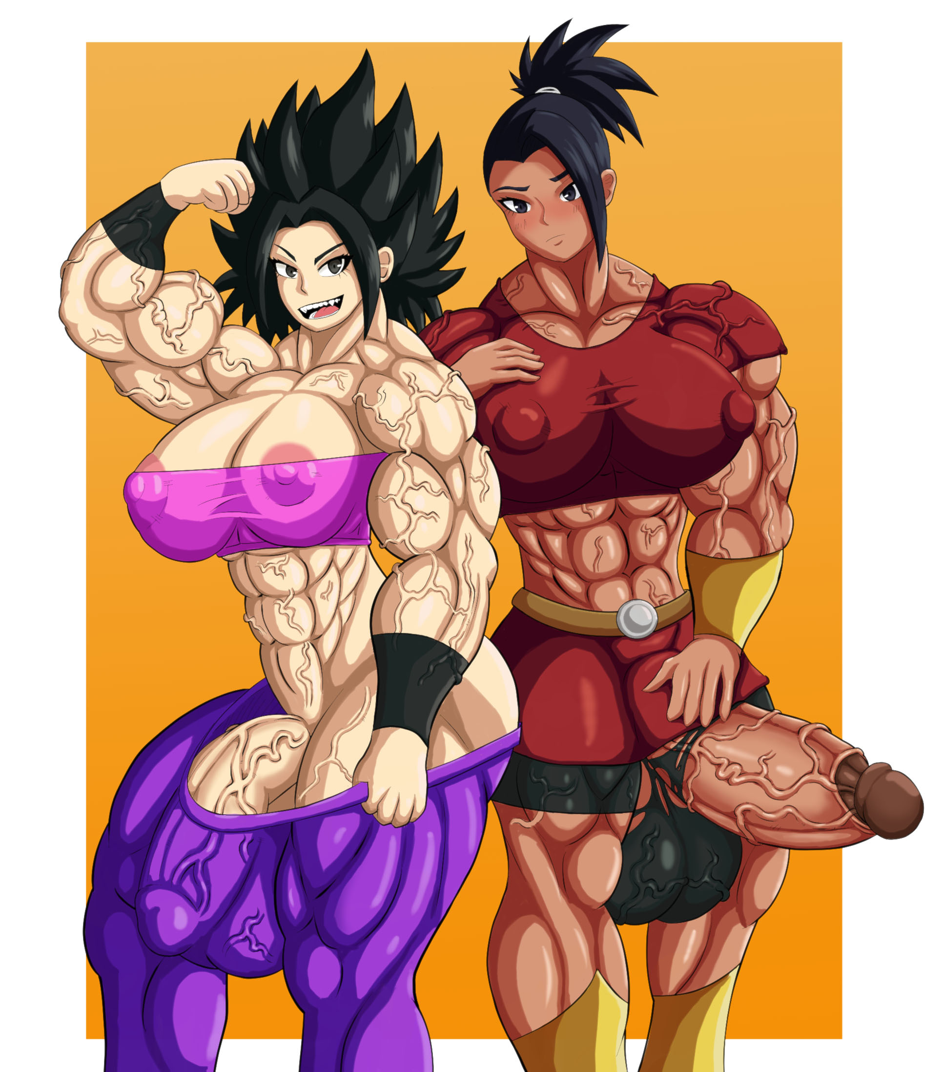 2futas, abs, balls, big balls, big penis, black eyes, black hair, breast press, breasts, bulge, bulge through clothing, caulifla, clothed, clothing, compression shorts, dragon ball, dragon ball super, duo, erection, erection under clothes, fully clothed, futa only, futanari, hazel iic, huge cock, human, impossible clothes, intersex, kale, large penis, light skin, light-skinned futa, long hair, looking at penis, looking down, muscular, muscular futa, nipples, no panties, open mouth, penis, ponytail, saiyan, spandex shorts, spiky hair, standing, tan skin, tan-skinned futa, tenting, testicles, thick thighs, thighhighs, tubetop, universe 6, vein, veiny balls, veiny penis, veiny testicles, wide hips