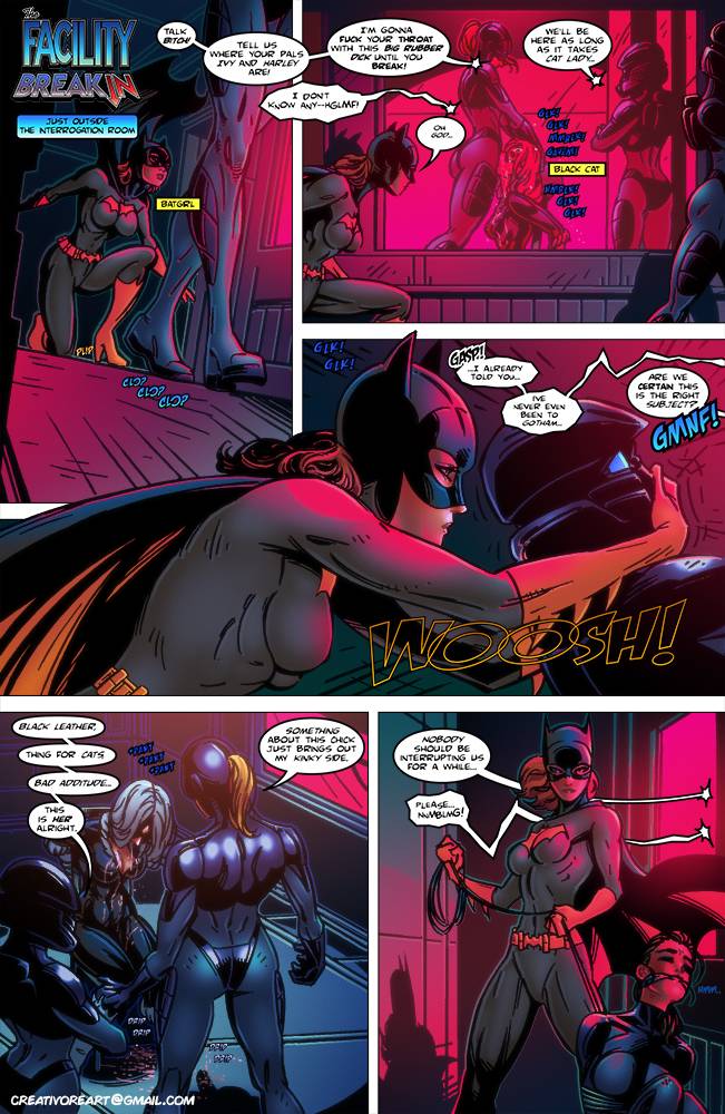 barbara_gordon batgirl batman_(series) black_cat_(marvel) blowjob bondage chair comic comic_page creativore crossover dc dc_comics felicia_hardy female_only interrogation lesbian marvel rape spandex story superheroine the_facility tied_to_chair torture