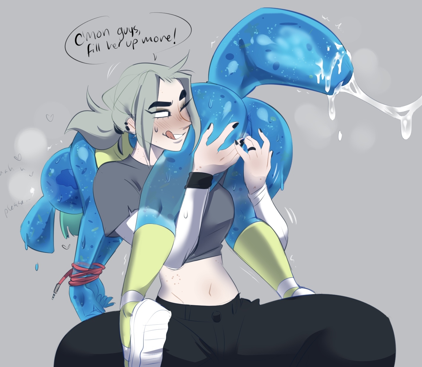 2020, 2d, 2d (artwork), 2girls, after sex, ass, blue body, blue hair, blue skin, blush, bondage, clothed, clothing, color, cum, cum inside, digital drawing (artwork), digital media (artwork), earrings, female, female/female, fingering, fingers, hair over eyes, hi res, highres, holding, multiple females, multiple girls, oc, one eye closed, original, original character, over shoulder, pale-skinned female, pants, ponytail, pussy, shirt, sitting, slime, slime girl, smile, sneakers, spread legs, stockings, tail, tail sex, text, text bubble, tied hands, tongue, tongue out, tube, tubie (vontecristo), vontecristo