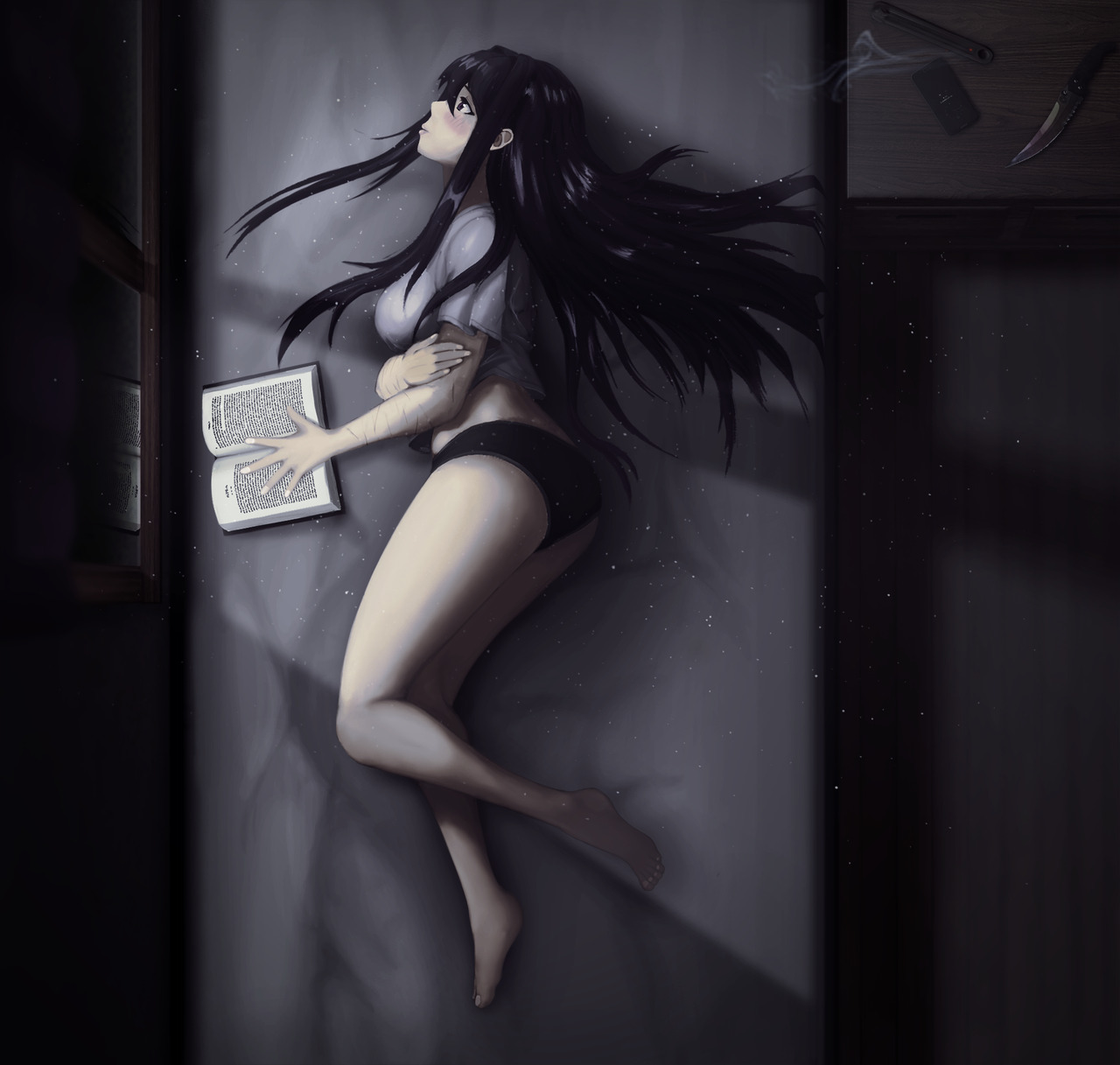 1girls, 5 fingers, bed, book, doki doki literature club, female, female focus, female only, knife, light skin, light-skinned female, lingerie, long hair, looking out window, pale skin, pale-skinned female, panties, purple eyes, purple hair, safe for work, scars, scars on arm, sfw, solo female, truemegamaniac, white shirt, yuri (doki doki literature club)