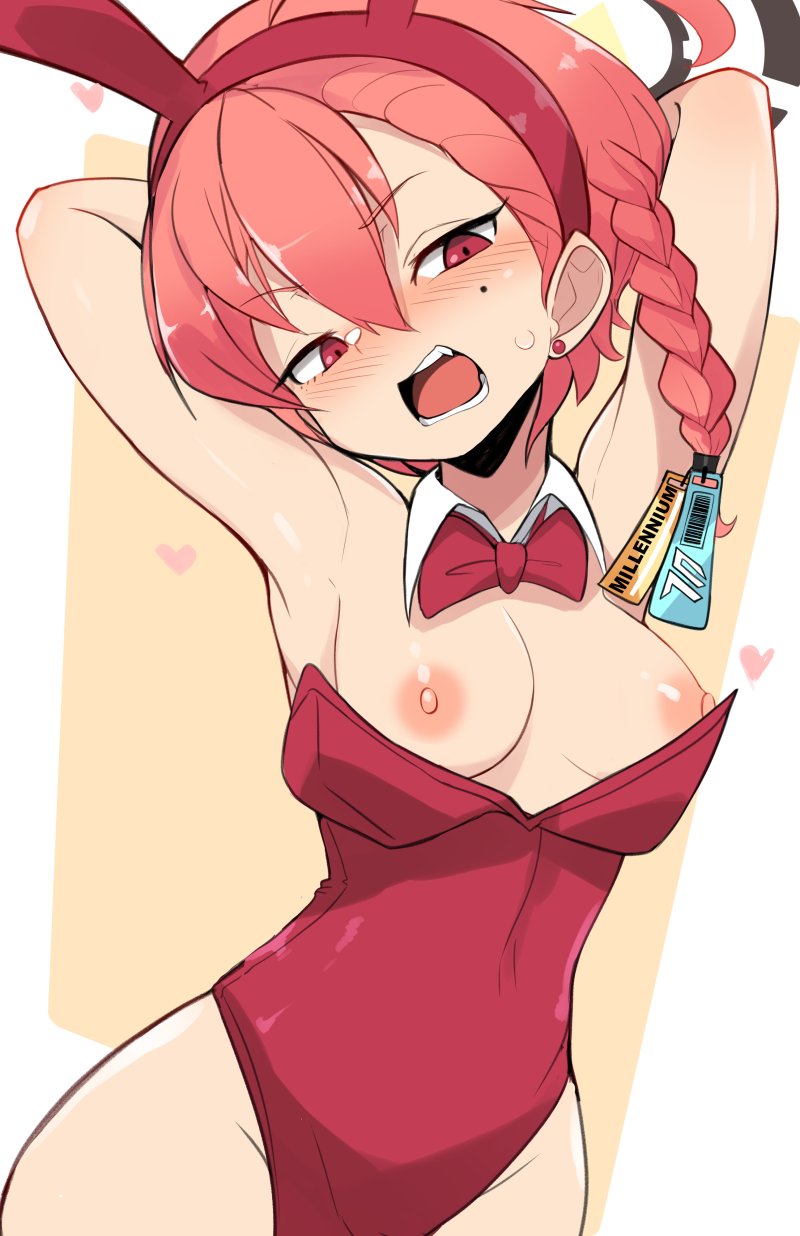 1girls, alternate breast size, armpits, arms up, bare legs, beauty mark, blue archive, blush, braided hair, breasts, bunny ears, bunny girl, bunnysuit, female, highleg leotard, jellcaps, leotard, medium breasts, mole under eye, neru (blue archive), neru (bunny) (blue archive), nipples, pink eyes, pink hair, red leotard