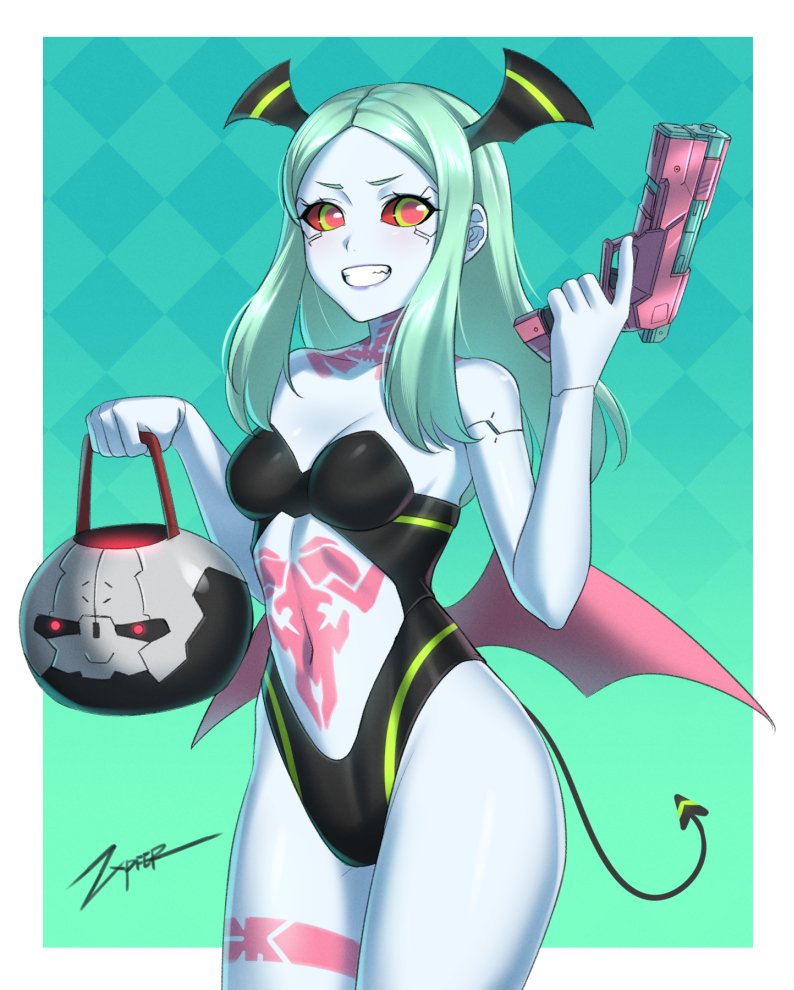 1boy, 1girls, adam smasher, ass, big ass, breasts, cd projekt red, clothing, cyberpunk 2077, cyberpunk: edgerunners, devil tail, female, firearm, good end, gun, halloween, handgun, human, leotard, male, netflix, pale skin, rebecca (edgerunners), small breasts, smile, solo, studio trigger, trick or treat, underwear, weapon, zxpfer