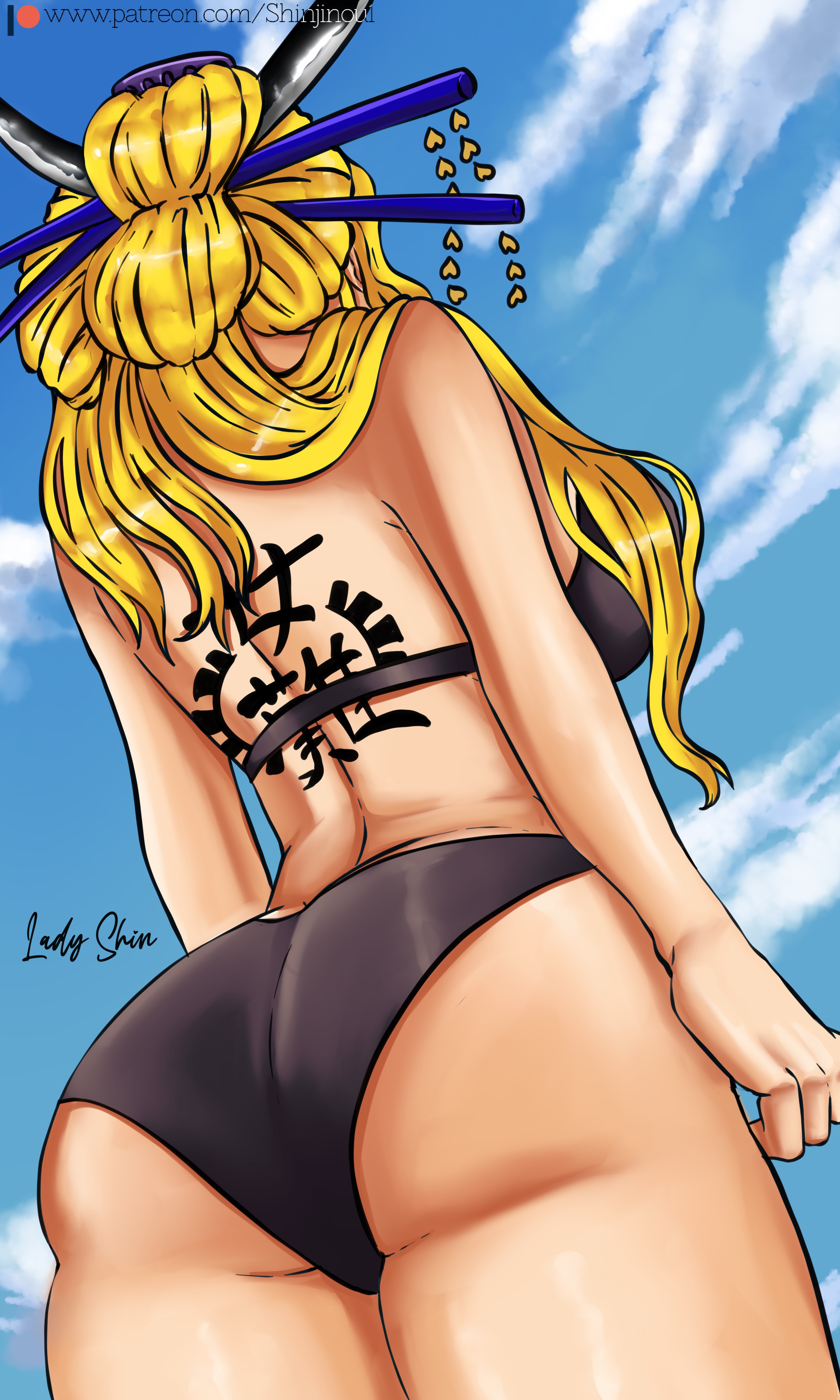 1girls, ass, ass focus, back tattoo, back view, bikini, black maria, black tattoo, blonde hair, blonde-haired female, female, female only, giantess, long hair, one piece, shinjinou, tattoo, wide hips
