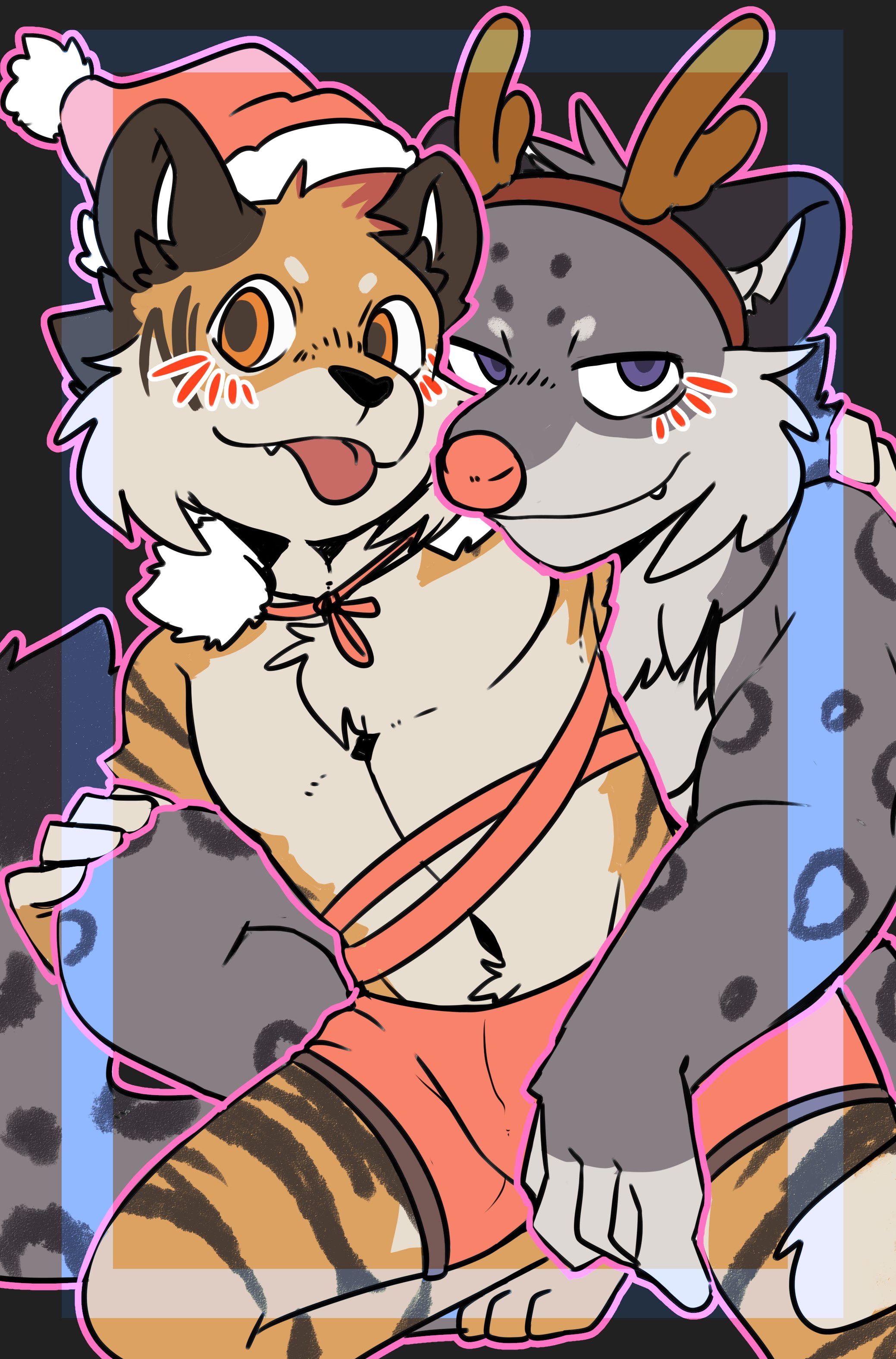2boys, anthro, blush, boxers, bulge, christmas, christmas outfit, dev (i think i like you), feline, furry only, gay, i think i like you, looking at viewer, male, male focus, male only, male/male, mammal, red (i think i like you), saku1saya, snow leopard, stripes, tiger, underwear, webcomic, webtoon, yaoi
