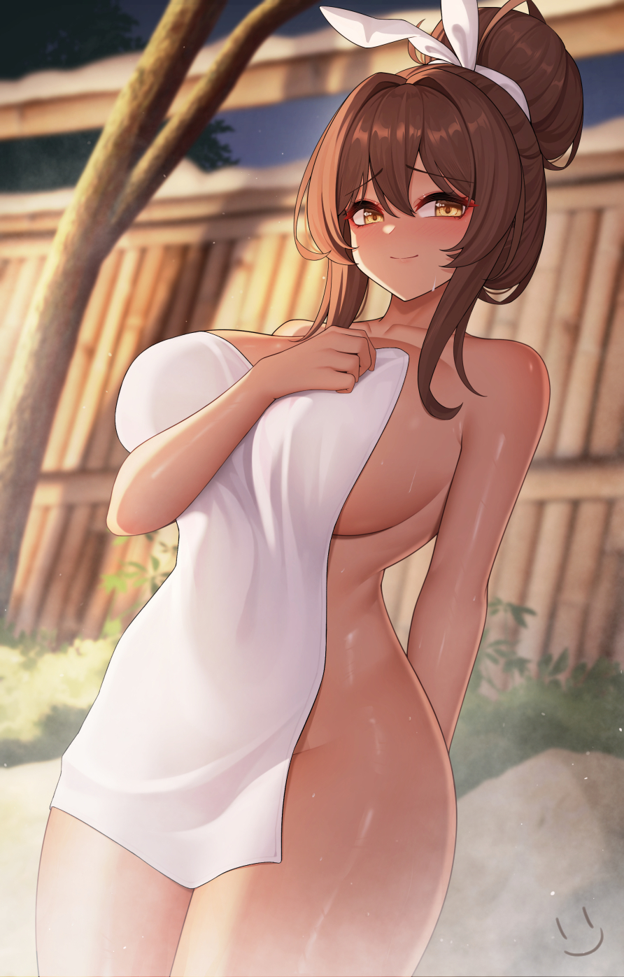 1girls blush brown_hair covering covering_breasts dark-skinned_female dark_hair dark_skin female female_focus female_only goddess_of_victory:_nikke hot_spring huge_breasts long_hair looking_at_viewer noir_(black_rabbit)_(nikke) noir_(nikke) official_alternate_costume onsen shy shy_smile smile smiling smiling_at_viewer thick_thighs towel towel_only towel_over_breasts wei_xiao yellow_eyes