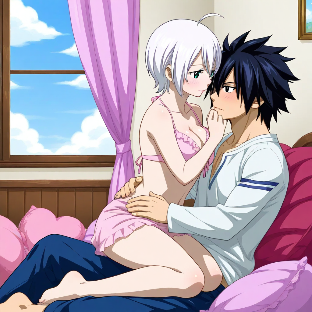 1female 1male ai_generated black_hair clothed couple fairy_tail gray_fullbuster lisanna_strauss white_hair