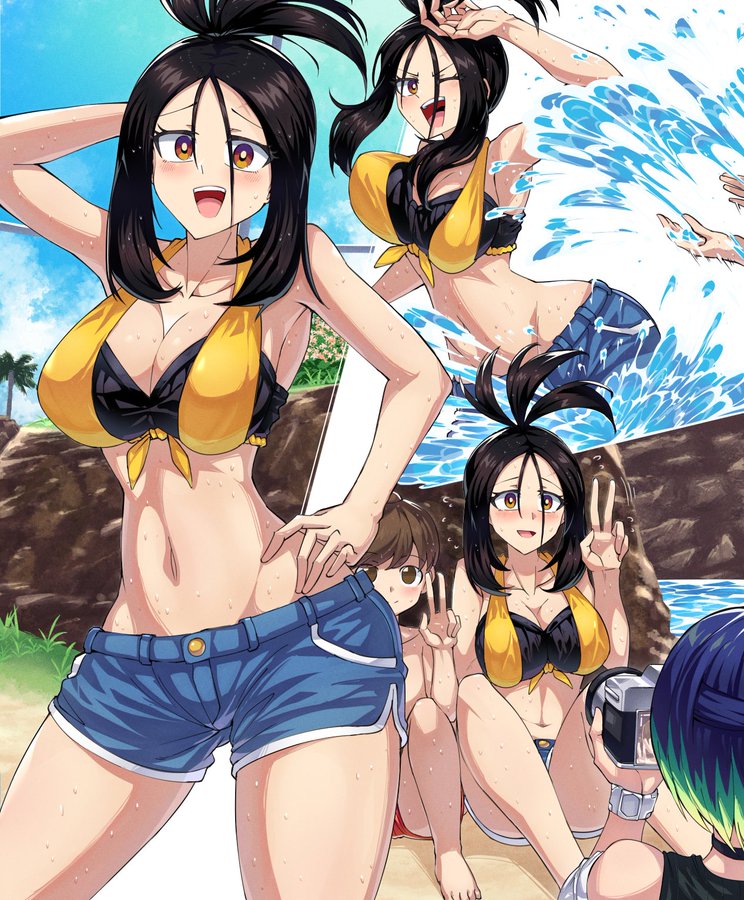 big_breasts black_hair blush dendra_(pokemon) female female_focus florian_(pokemon) jean_shorts large_breasts long_hair mouth_open perrin_(pokemon) photo pokemon pokemon_sv smile suzusiigasuki swimsuit thick_thighs water wet