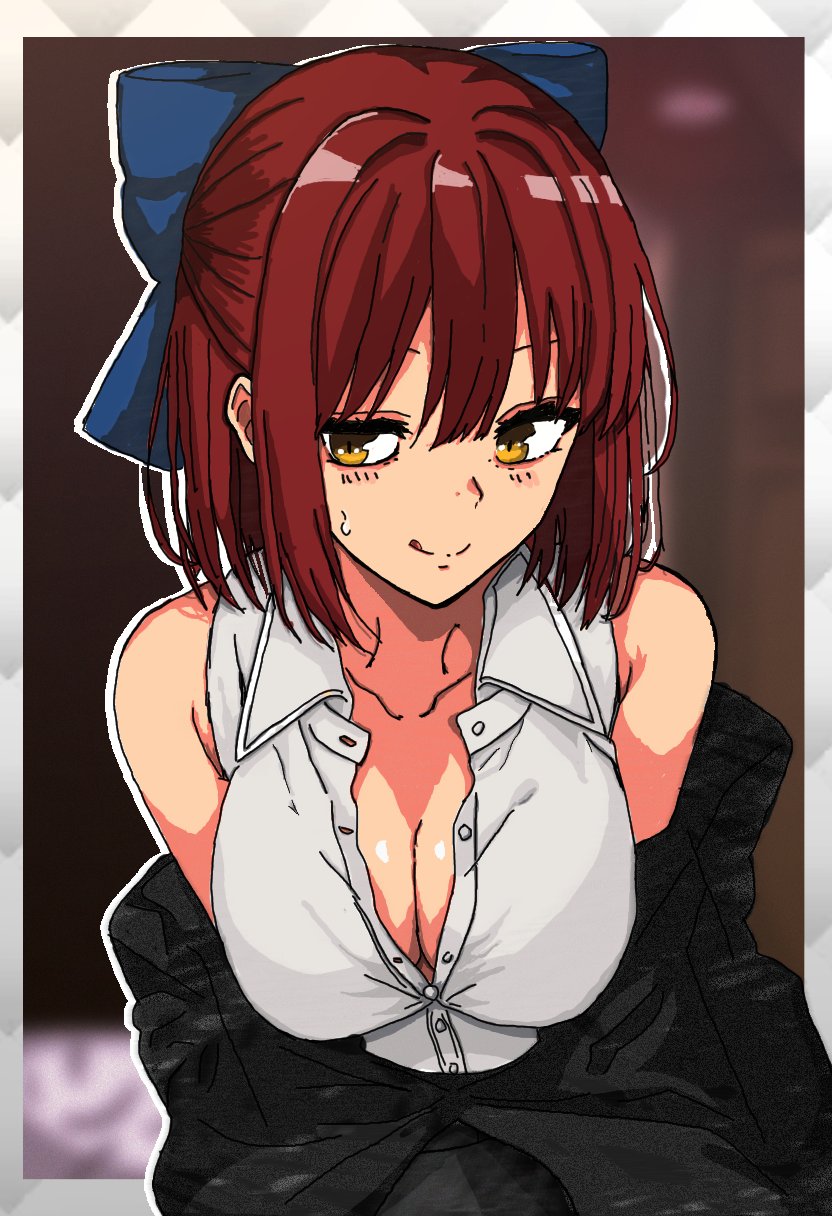 :q alternate_costume bare_shoulders black_jacket blue_bow bow breasts cleavage closed_mouth commentary d8282not english_commentary female hair_between_eyes hairbow half_updo highres jacket kohaku_(tsukihime) large_breasts looking_at_viewer off_shoulder office_lady red_hair seductive_smile shirt short_hair sleeveless sleeveless_shirt smile solo sweatdrop tongue tongue_out tsukihime white_shirt yellow_eyes