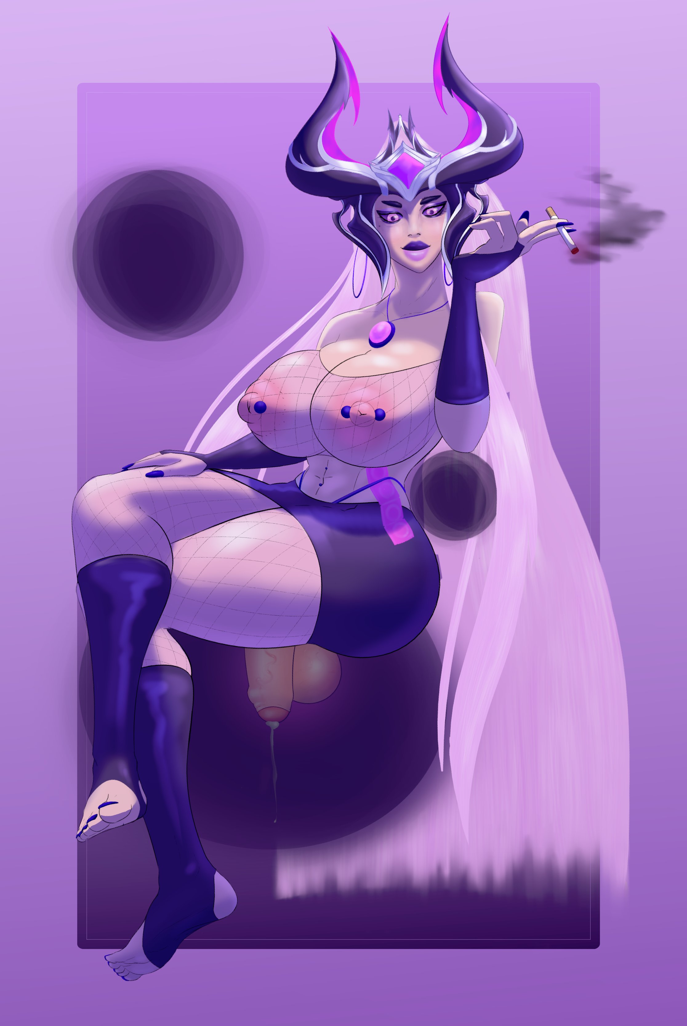 1futa, areolae, ass, balls, big balls, big penis, bimbo, breasts, clothed, clothing, female, flaccid, foreskin, futa only, futanari, huge ass, huge breasts, human, humanoid, humanoid penis, intersex, kalikias, league of legends, light skin, light-skinned futa, mostly nude, nipple piercing, nipples, partially retracted foreskin, penis, piercing, purple nails, retracted foreskin, sitting, skimpy, smoking, smooth balls, solo, solo female, syndra, thick thighs, uncircumcised, uncut, voluptuous