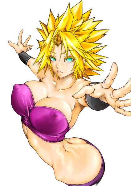 1girls, big breasts, blonde hair, breasts, caulifla, cleavage, dragon ball, dragon ball super, female, green eyes, light skin, light-skinned female, long hair, saiyan, spiky hair, super saiyan, tagme