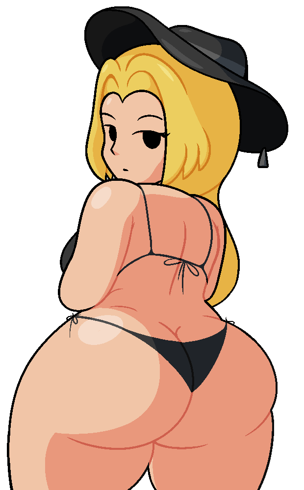 1girls arm_support big_ass bikini blonde_hair bra hat joelx5 long_hair looking_at_viewer looking_back mob_face nataly_(new_games_inspector) new_games_inspector no_background panties thick_thighs