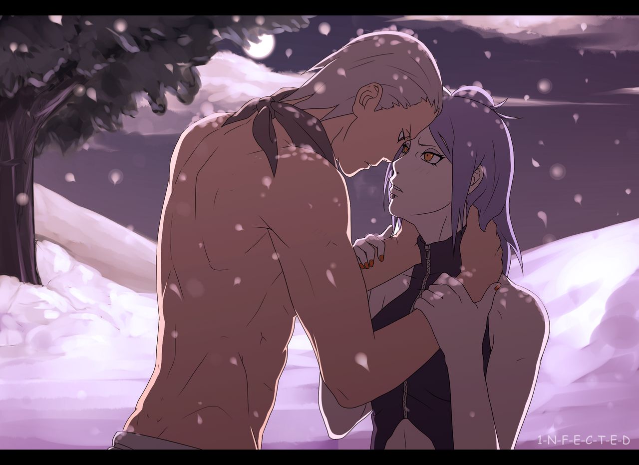 1boy 1girls female forehead-to-forehead hidan konan looking_at_partner male male/female nail_polish naruto naruto_(series) naruto_shippuden night nighttime orange_eyes outdoors pale-skinned_female pale_skin purple_hair shirtless shirtless_male snow snowing straight winter