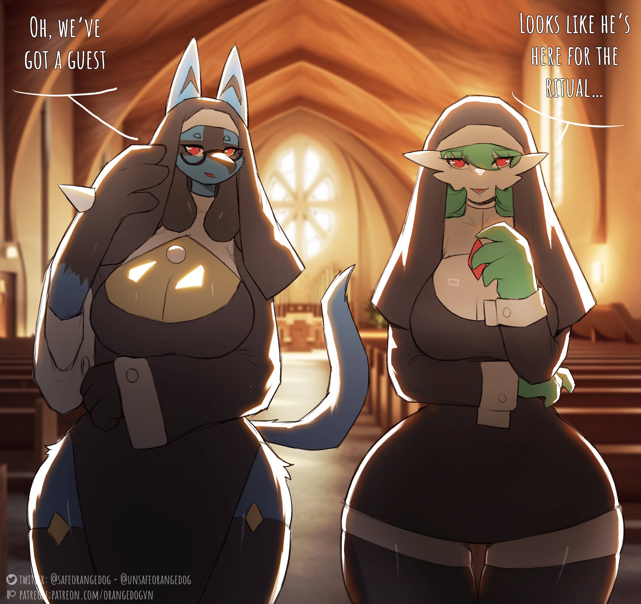 2020s, 2023, 2d, 2d (artwork), 4 fingers, anthro, anthro only, anthrofied, big breasts, big thighs, blue fur, breasts, busty, child bearing hips, church, cleavage, dialogue, english, english text, female, female lucario, furry, furry female, furry only, furry tail, gardevoir, glasses, gloves, green hair, hips, hourglass figure, indoors, large thighs, loincloth, lucario, nintendo, nun, nun hat, nun outfit, nun's habit, orangedog, pokemon, pokemon (species), red eyes, short hair, sleeves, slim waist, tail, talking to viewer, thick thighs, thighhighs, thighs, voluptuous, white fur, wide hips