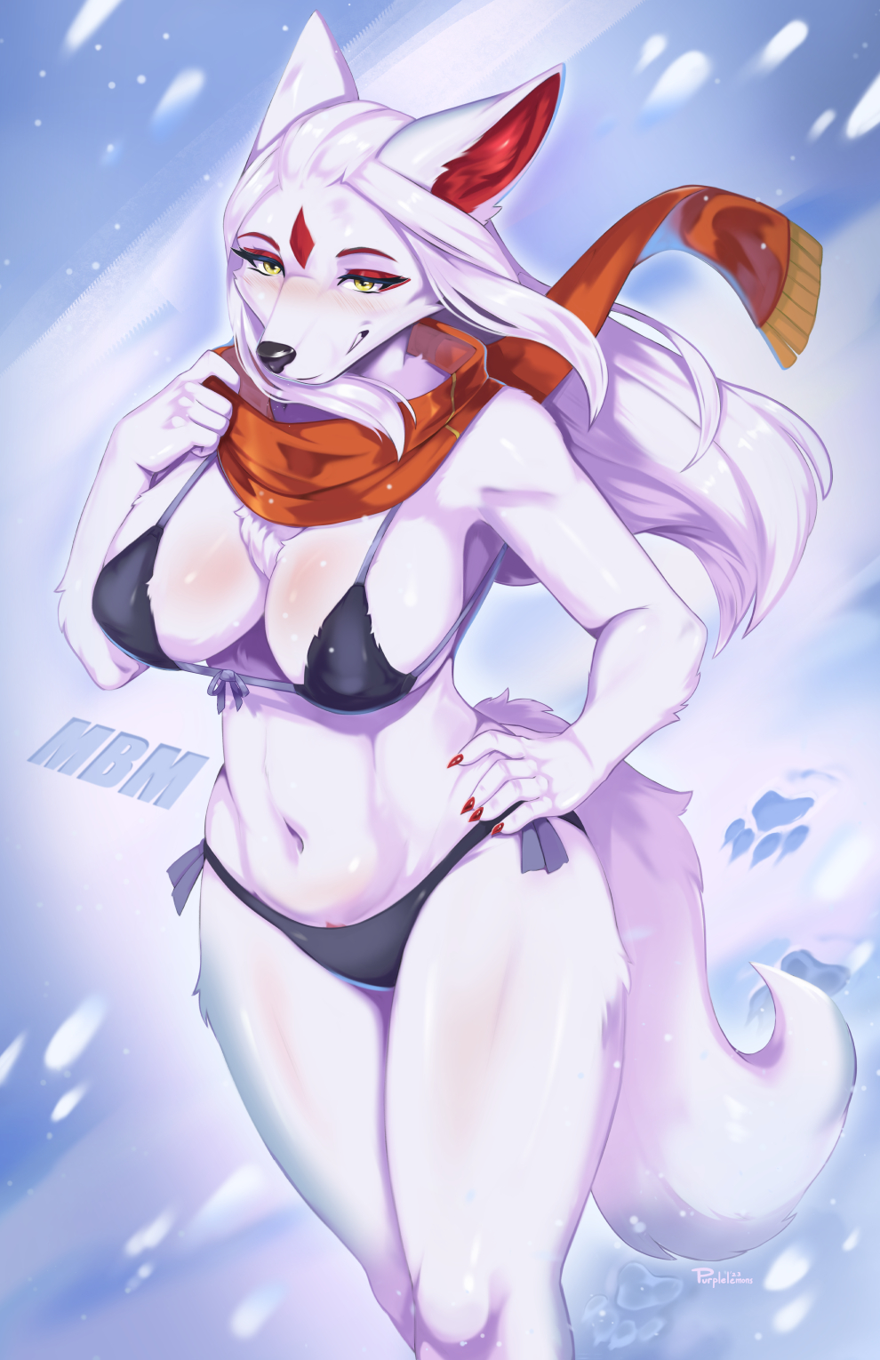 2023 5_fingers anthro bikini black_bikini black_clothing black_swimwear breasts canid canine clothed clothing female fingers fox fur hair hand_on_hip hi_res inner_ear_fluff long_hair mammal navel purplelemons satomi_(purplelemons) scarf snow solo swimwear tail tuft white_body white_fur white_hair