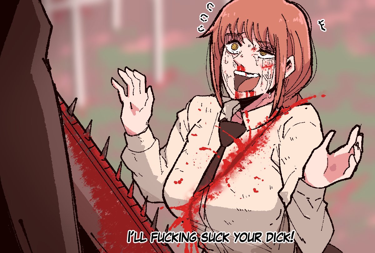 1boy, 1girls, 2026, begging, begging for life, begging for oral, begging for sex, big breasts, blood, blood on face, breasts, chainsaw man, clothed, clothed female, clothing, color, defeated, defeated villainess, denji (chainsaw man), dialogue, dominant male, english text, female, female focus, femsub, fully clothed, goes hard, hetero, humanoid, i'll fucking suck your dick (meme), light skin, long hair, looking at partner, makima (chainsaw man), male, maledom, mark gavatino, meme, offering, on floor, on ground, on knees, open eyes, open mouth, red hair, shirt, straight, submissive female, tagme, text, the boys, twitter link, yellow eyes
