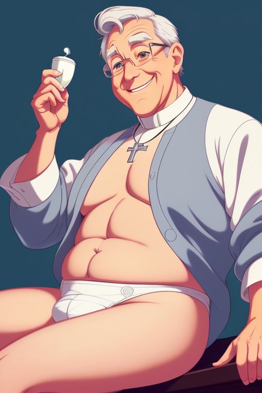 abs ai_generated bulge christianity cross daddy glasses gordon_the_organist happy male_only older_male partially_undressed priest smiling stable_diffusion underpants white_hair white_underwear