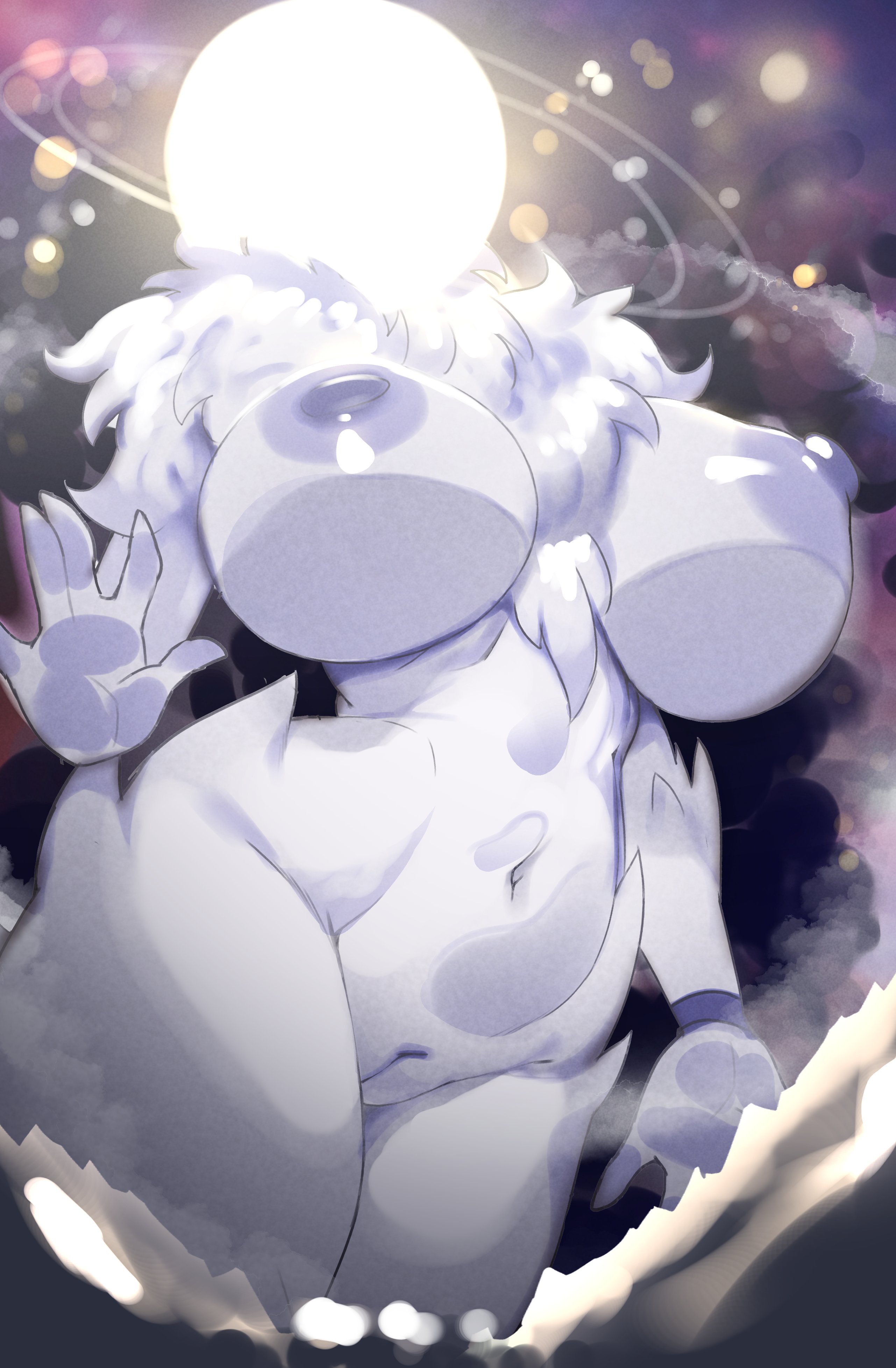 absurd res, anthro, ashraely, breasts, character request, faceless character, faceless female, female, fluffy god, fur, genitals, god, hi res, mammal, nipples, nude, nude female, pussy, solo, thick thighs, thighs, white body, white fur