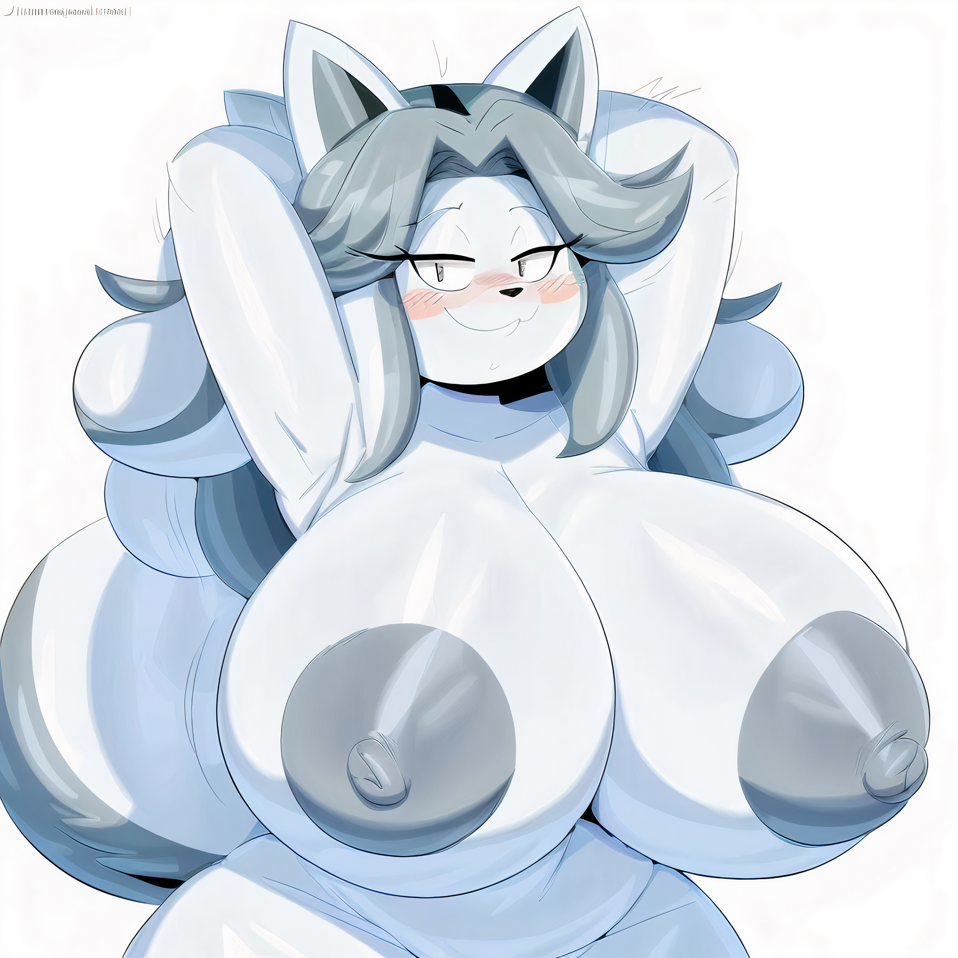 ai generated, anthro, areola, areolae, big breasts, breasts, canid, canine, digital media (artwork), felid, female, female only, fur, furry, grey areola, grey hair, grey nipples, hand behind head, hands behind head, hi res, huge areolae, huge breasts, long hair, looking at viewer, mammal, narrowed eyes, nipples, solo, tem, temmie (undertale), topless, topless female, undertale, undertale (series), white background, white body, white fur