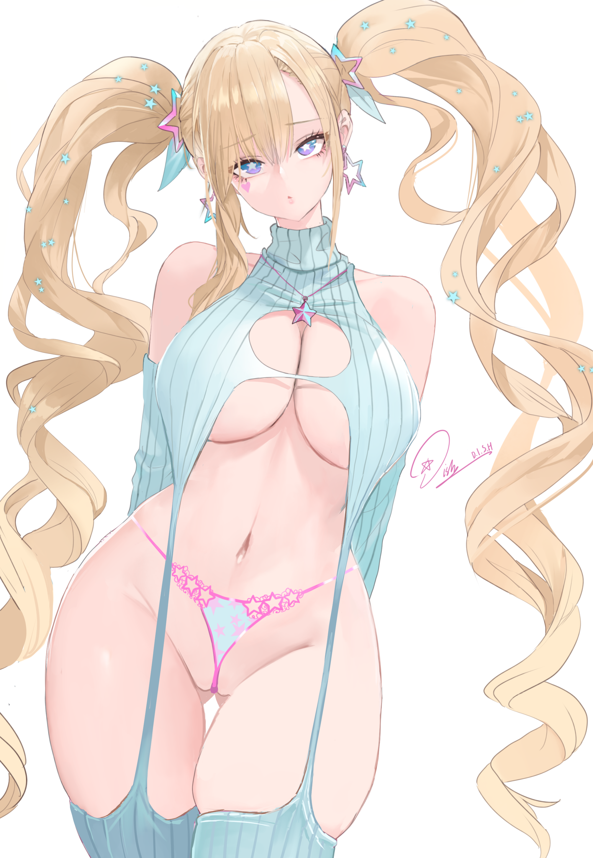 1girls, alternate version available, azur lane, blonde hair, blue eyes, breasts, cleavage, dishwasher1910, eagle union (azur lane), female, female only, garter straps, guam (azur lane), huge breasts, light skin, light-skinned female, long hair, png, solo, star-shaped pupils, symbol-shaped pupils, thighhighs, twintails, virgin destroyer sweater