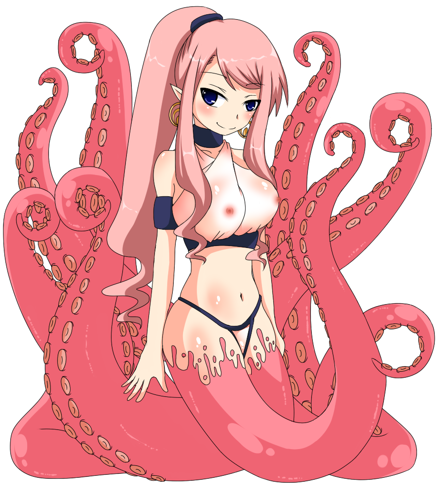 bikini erect_nipples monster_girl nipples pointy_ears ponytail scylla see-through see-through_bikini tentacle tentacle_girl tied_hair