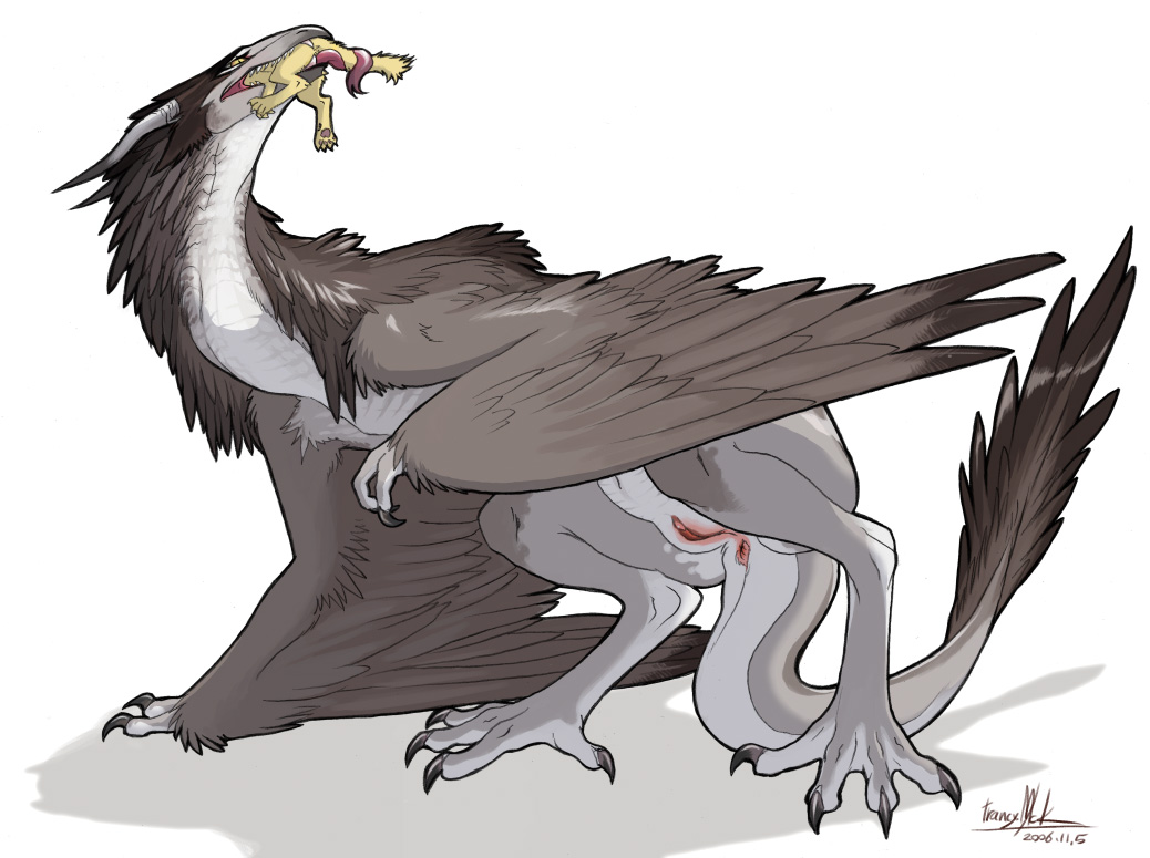 2006 anus avian beak claws dragon eating fangs feathers female feral furry giant giantess griffin gryphon long_tongue paws pussy scalie shadow simple_background size_difference solo tail tongue trancy_mick vore wings yellow_eyes