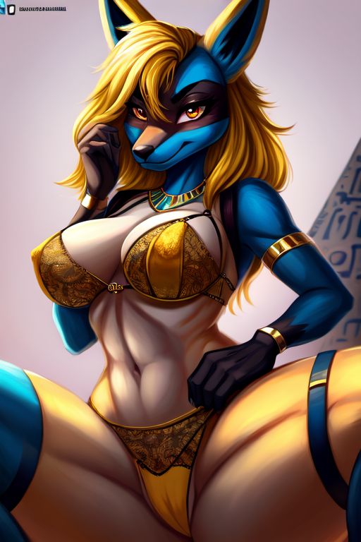 1girls ai_generated egyptian female female_lucario golden lingerie lucario pokemon pokemon_(species) spread_legs