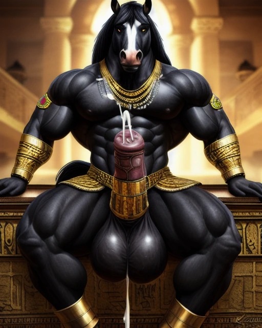 ai_generated anthro egyptian equid equine gold_bracelet gold_jewelry horse horse_penis horsecock huge_balls huge_cock lonely_man monster monster_cock muscular muscular_anthro muscular_male original_character solo_male xenthul