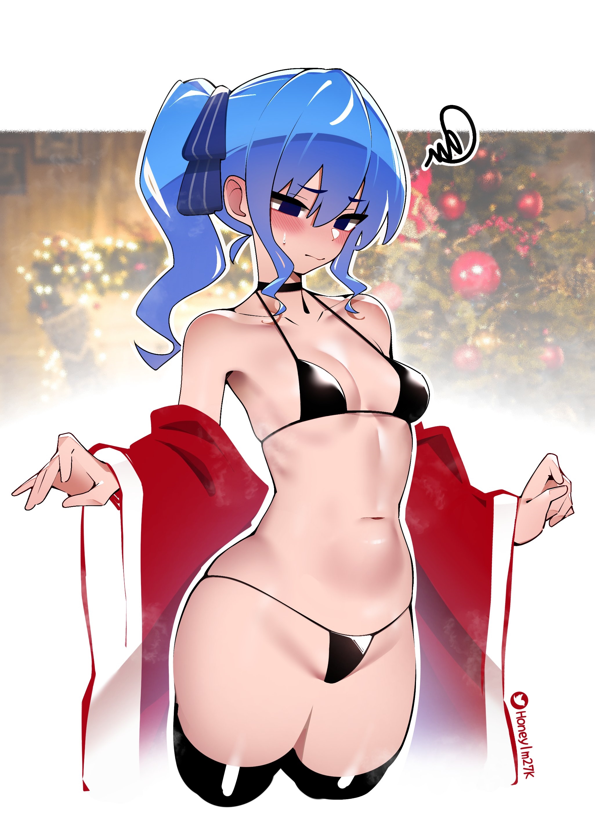 blush, breasts, christmas, female, hololive, hololive gen 0, hololive japan, honeylm27k, hoshimachi suisei, looking down, simple background, small breasts, string bikini, virtual youtuber, watermark