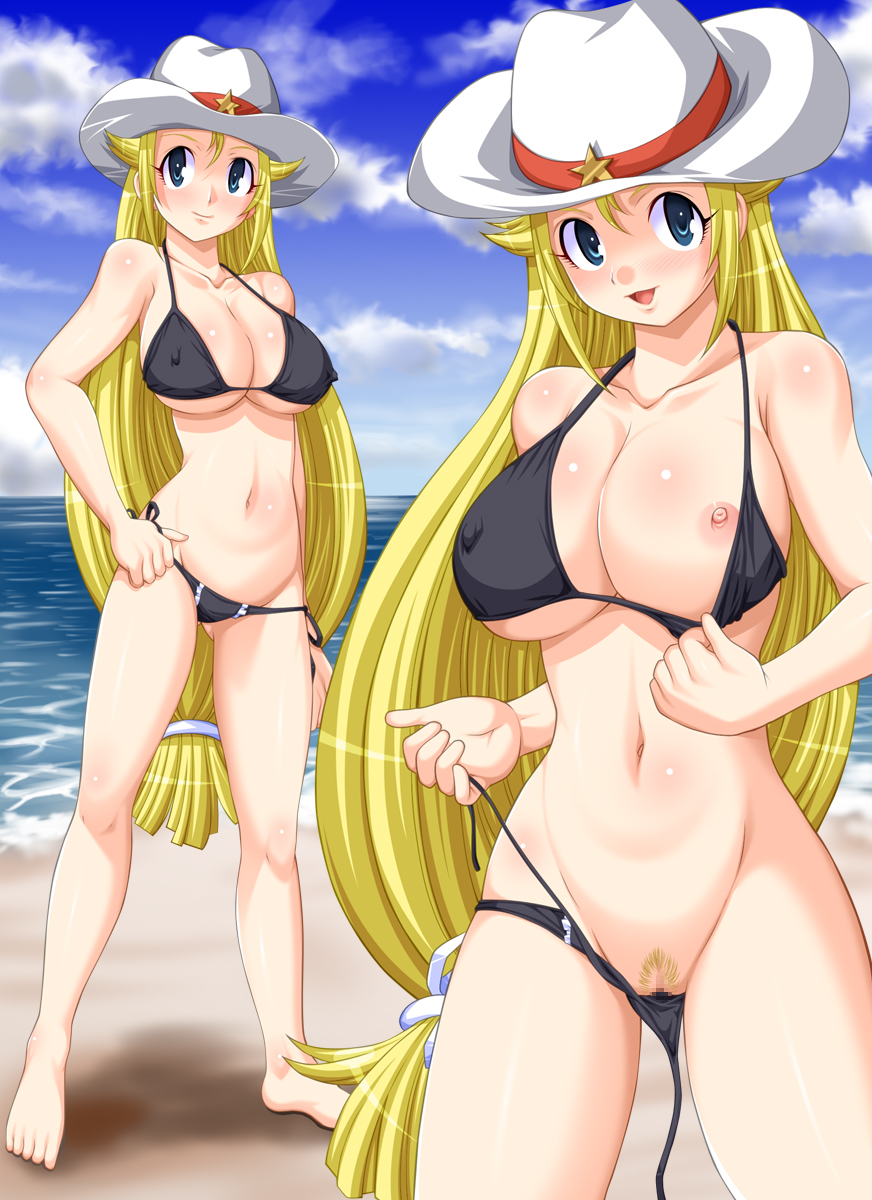 beach, bikini, blonde hair, blue eyes, blush, breasts, censored, cleavage, erect nipples, female, hat, highres, keroro gunsou, large breasts, long hair, melody honey, nipples, pubic hair, pussy, smile, swimsuit, very long hair