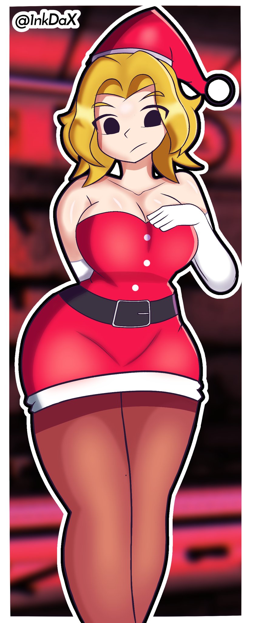 1girls 1nkdax big_breasts blonde_hair cleavage hand_on_breast looking_at_viewer medium_breasts mob_face nataly_(new_games_inspector) new_games_inspector pantyhose santa_costume santa_hat standing thick_thighs