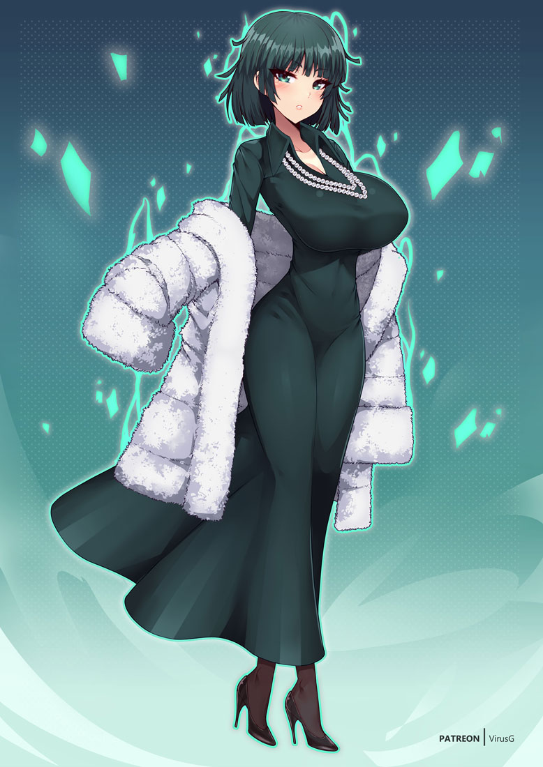 1girls, big breasts, blush, breasts, clothed, clothing, female, female focus, female only, fubuki (one-punch man), green eyes, green hair, jewelry, large breasts, light skin, light-skinned female, looking at viewer, one-punch man, short hair, solo, solo female, thighs, virus-g
