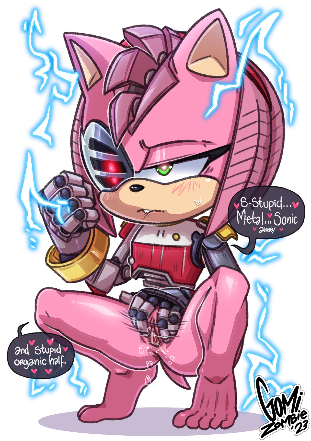 amy_rose anthro bite biting_lip blush bodily_fluids crouching cybernetics cyborg eulipotyphlan female genital_fluids genitals heart hedgehog hi_res implied_bisexual machine mammal masturbation mentioned_character metal_sonic pussy pussy_juice rusty_rose simple_background skajrzombie solo sonic_(series) sonic_prime sonic_the_hedgehog_(series) spread_legs spreading white_background