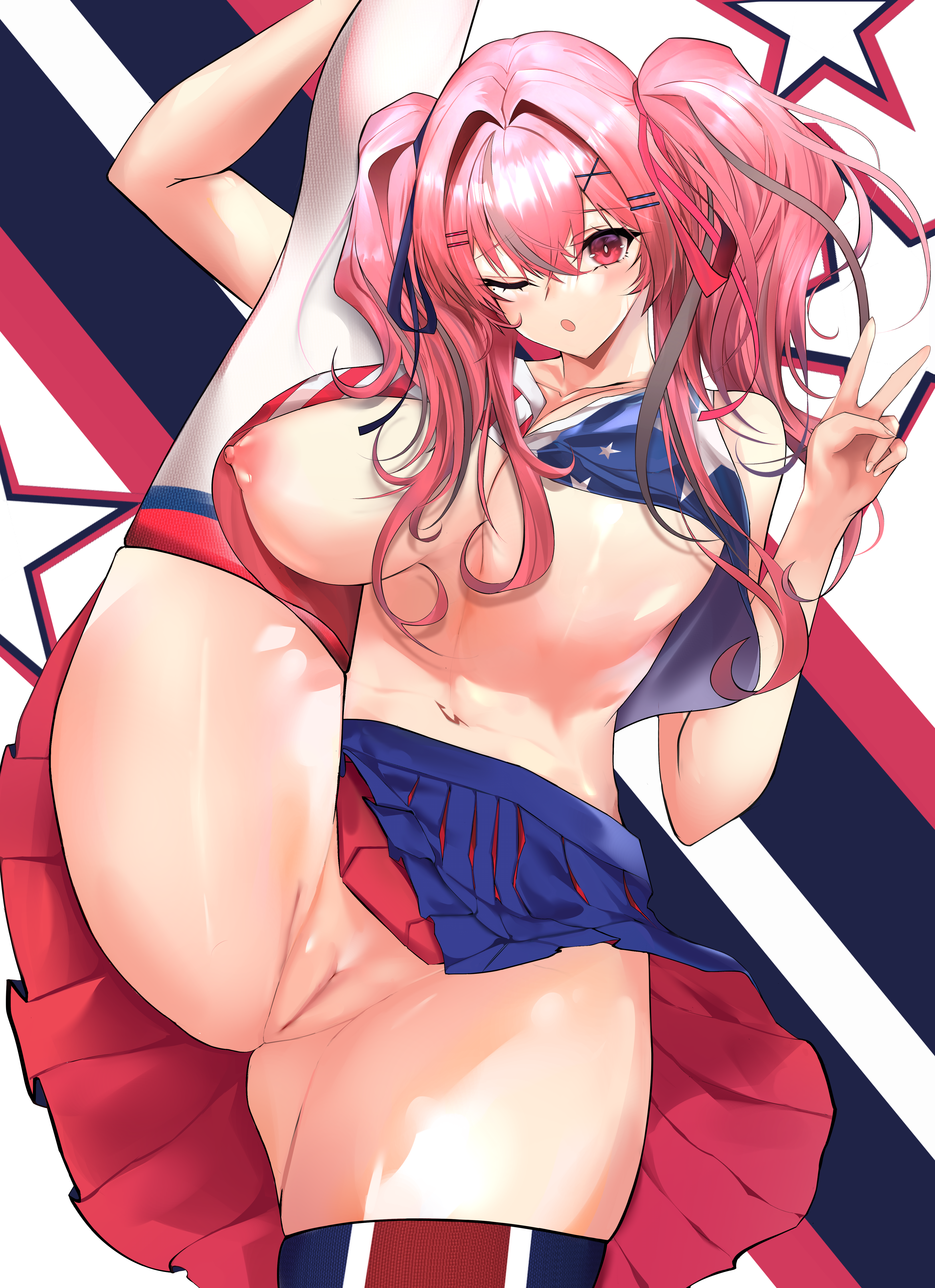 ass, azur lane, big ass, big breasts, breasts, breasts out, bremerton (azur lane), cheerleader, cheerleader uniform, crop top, female, legs up, long hair, midriff, no bra, no panties, pink hair, red eyes, skirt, spice (spicezzumi), thick thighs, thighhighs, twintails, v sign