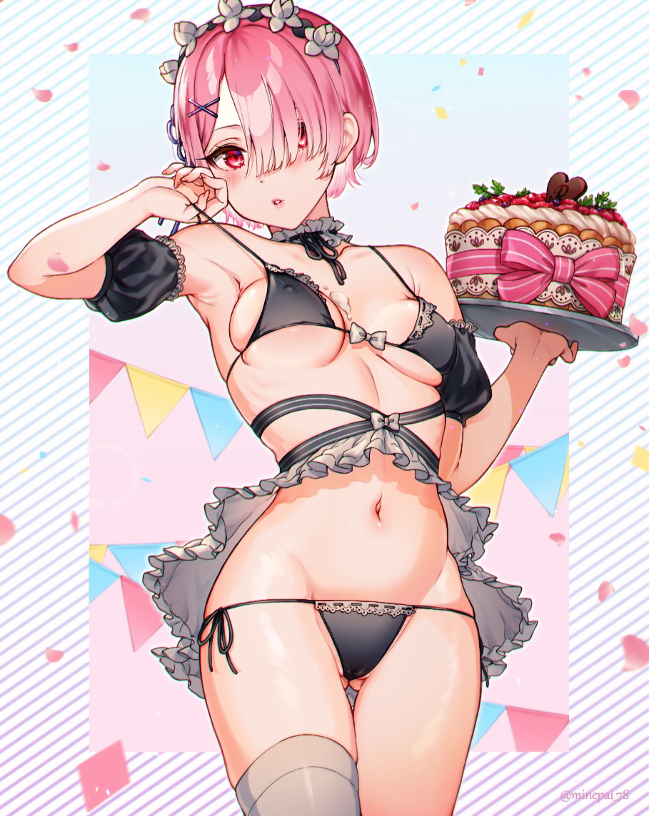 1girls armpits bangs blush breasts cake detached_sleeves female female_only frilled_bikini frills front_view hair_ornament hair_over_one_eye matching_hair/eyes midriff minepaihiritsu navel nipple_bulge pink_eyes pink_hair ram_(re:zero) re:zero_kara_hajimeru_isekai_seikatsu short_hair thighs x_hair_ornament