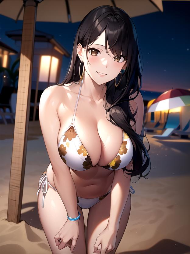 1girls ai_generated ai_mirror beach beach_chair beach_umbrella belly_button big_breasts black_hair blush bracelet brown_eyes earrings flower_pattern hands_on_knees leaning_forward lifeguard_tower long_hair looking_at_viewer sand smile white_bikini white_skin