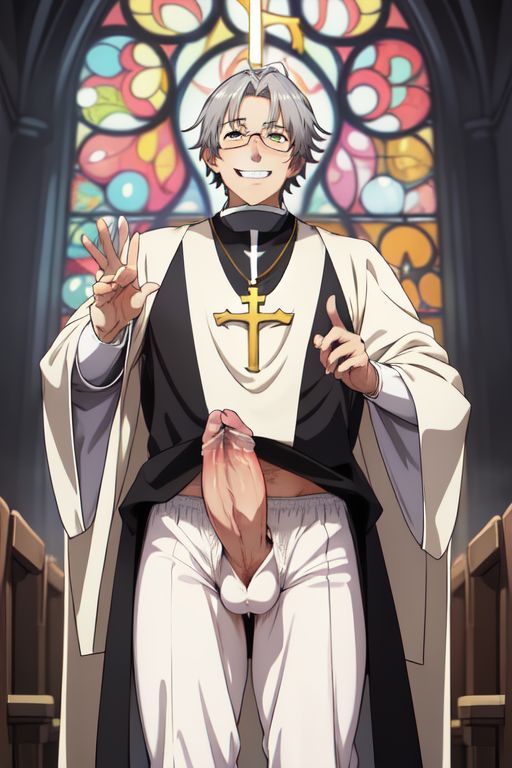 ai_generated ai_hands christianity church church_interior cross gay glasses gordon_the_organist grey_hair happy huge_penis male multi_digit multi_finger open_clothes penis priest smiling stable_diffusion stained_glass