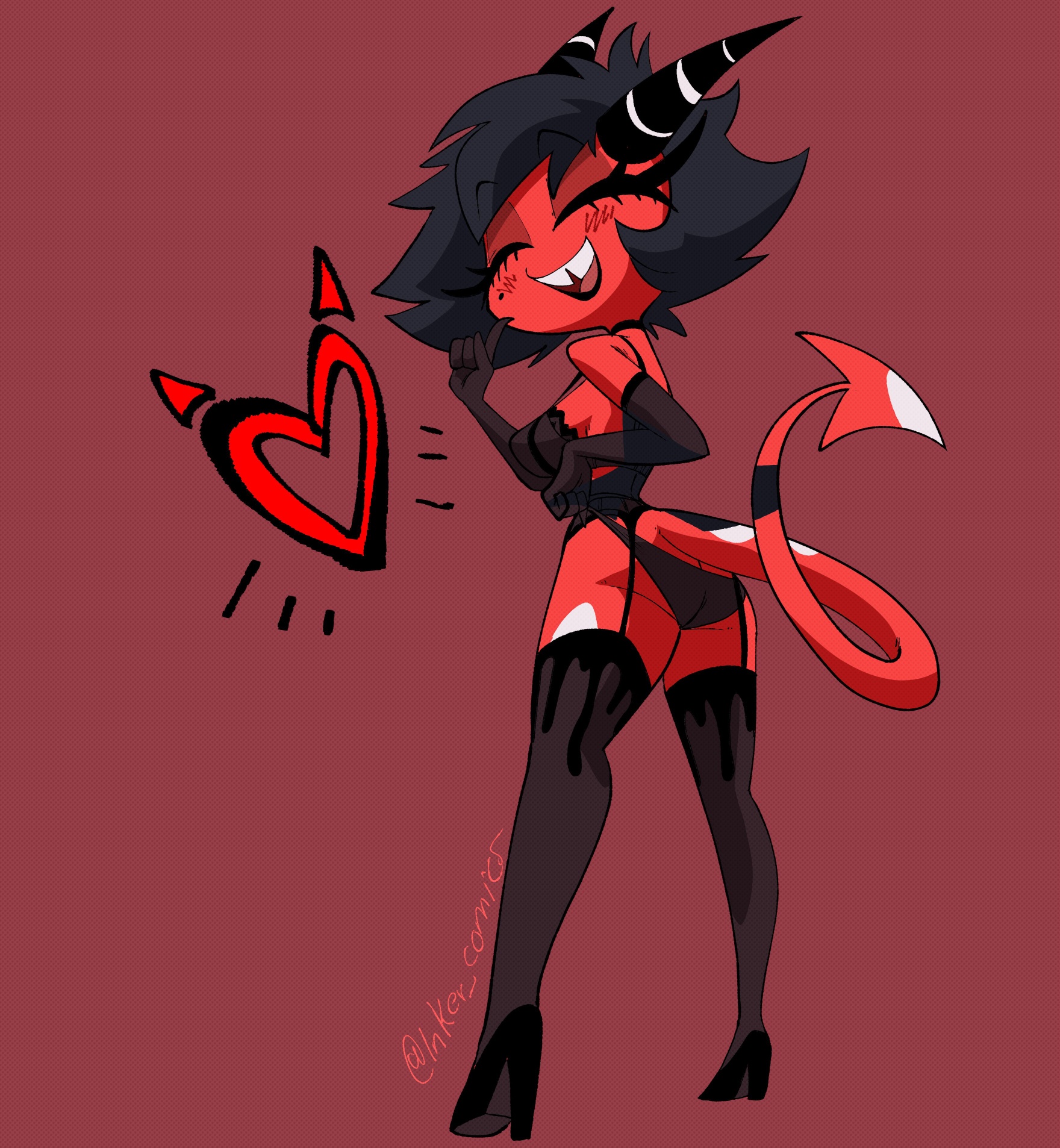 arm sleeves, bra, coolerinker, demon, demon girl, demon horns, demon tail, female, garter belt, garter straps, helluva boss, higher resolution available, imp, inker comics, inkershike, lingerie, millie (helluva boss), panties, red skin, stockings