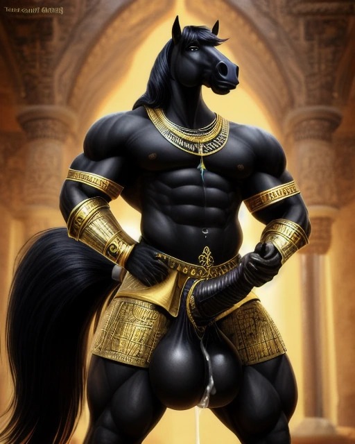 ai_generated anthro egyptian equid equine gold_bracelet gold_jewelry horse horse_penis horsecock huge_balls huge_cock lonely_man monster monster_cock muscular muscular_anthro muscular_male original_character solo_male xenthul