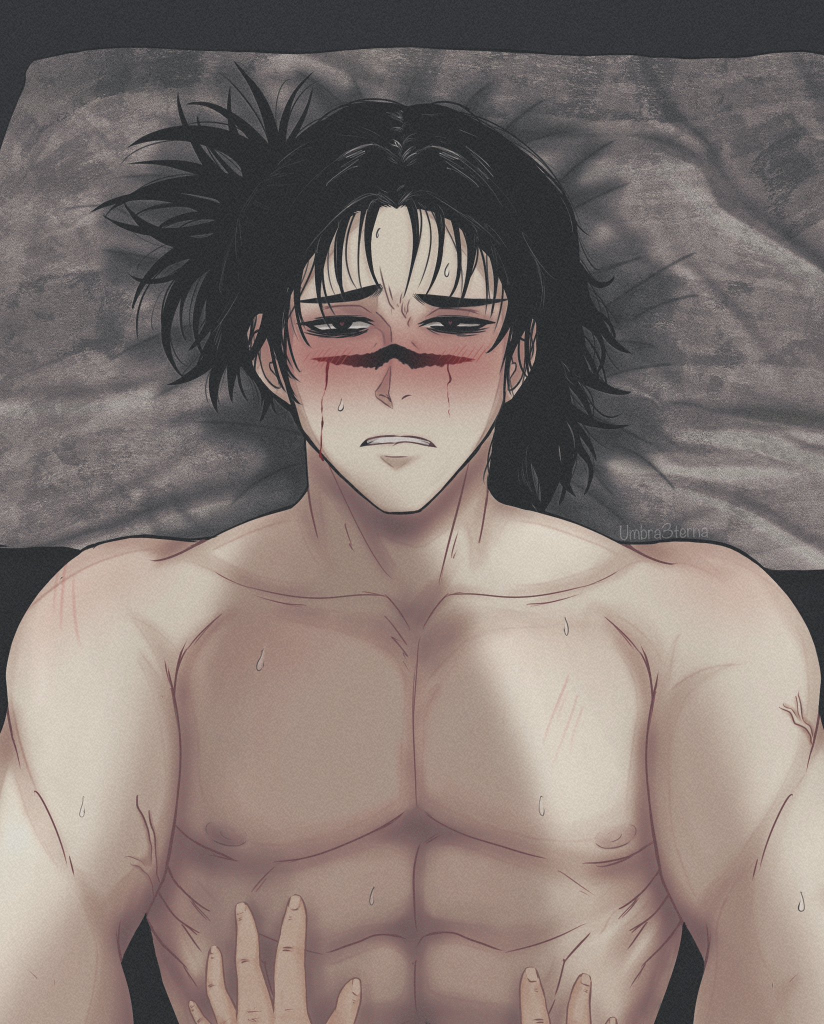 ambiguous pov, blood, choso kamo, cowgirl position, female, hair down, hair up, implied sex, jujutsu kaisen, male, pov, shirtless, solo male, sweat, y/n