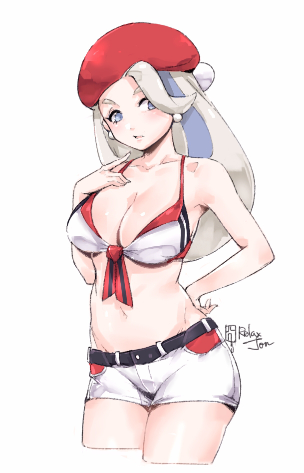 1girls 2d artist_name belt bikini blue_eyes breasts earrings female female_only hand_on_hip hat large_breasts light-skinned_female light_skin long_hair looking_at_viewer melony_(pokemon) midriff milf navel nintendo pale-skinned_female pale_skin pokemon pokemon_ss relaxjon shorts simple_background solid_color_background solo swimsuit watermark white_bikini white_hair white_shorts white_swimsuit