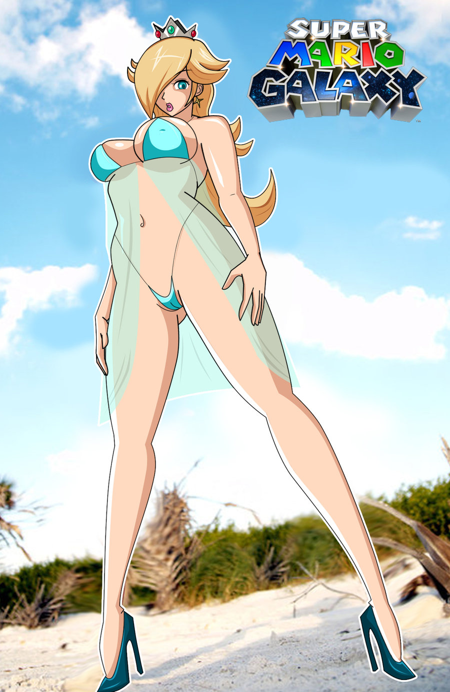 big breasts, bikini, breasts, cameltoe, female, female only, grimphantom, high heels, human, mario (series), nintendo, princess rosalina, pussy, see-through, solo, super mario galaxy, swimsuit