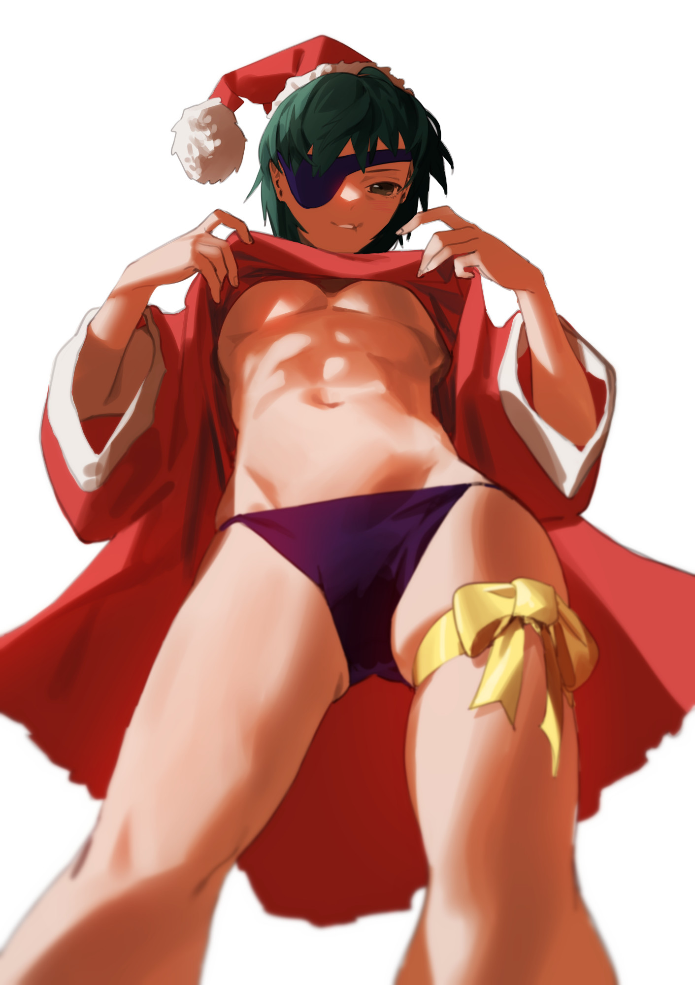 1girls, abs, ass visible through thighs, breasts, chainsaw man, christmas, christmas hat, christmas outfit, feet, female, female only, himeno (chainsaw man), low-angle view, mappa, raneblu, santa hat, shirt lift, thick thighs, underboob