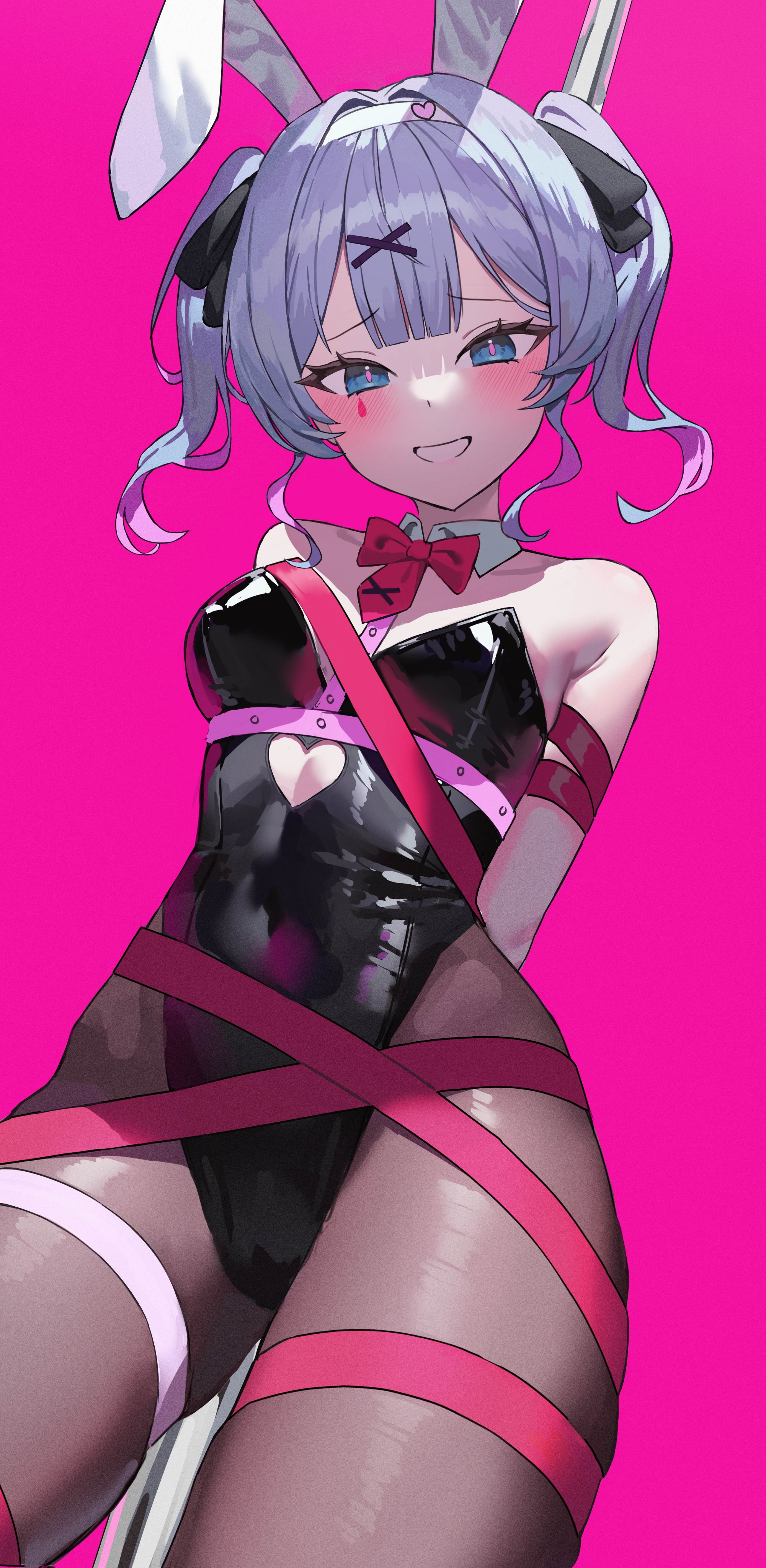 1girl, 1girls, 2024, animal ears, arms behind back, bangs, bare shoulders, black leotard, blue eyes, blush, bondage, bound, bow, bowtie, breasts, brown pantyhose, bunny ears, bunnysuit, color, covered navel, damcheong, detached collar, digital media (artwork), facial markings, fake animal ears, female, grey hair, grin, hair ornament, hair ribbon, handcuffs, hatsune miku, heart, latex, latex leotard, leotard, looking at viewer, medium breasts, mv character, pantyhose, pink background, playboy bunny, pole, rabbit ears, rabbit hole (vocaloid), ribbon, simple background, smile, solo, strapless, strapless leotard, tights, twintails, virtual youtuber, vocaloid, x hair ornament
