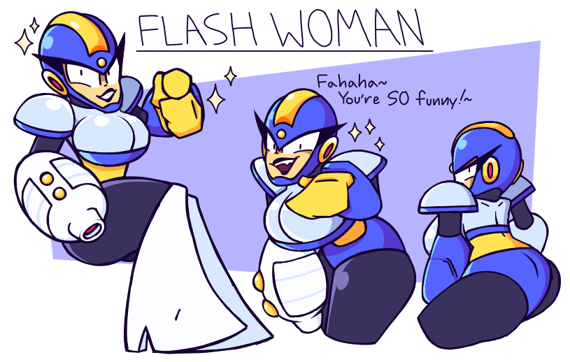 big_ass big_breasts big_butt big_eyelashes blue_armor flash_man genderswap_(mtf) heel_boots huge_breasts lipstick looking_back_at_viewer mega_man mega_man(classic) mega_man_2 nocklepie pointing_at_viewer robot robot_girl robot_master rule_63 sparkles tagme thick_thighs wide_hips