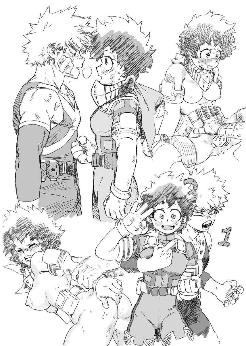 1boy 1girls adult_swim arm_grab bakugou_katsuki blush breasts doggy_style female female_deku freckles genderswap_(mtf) gloves hand_on_belly hero_outfit_(mha) izuku_midoriya katsuki_bakugou legs_apart legs_spread male male/female my_hero_academia rule_63 sex spiky_hair tomboy toonami visible_breath